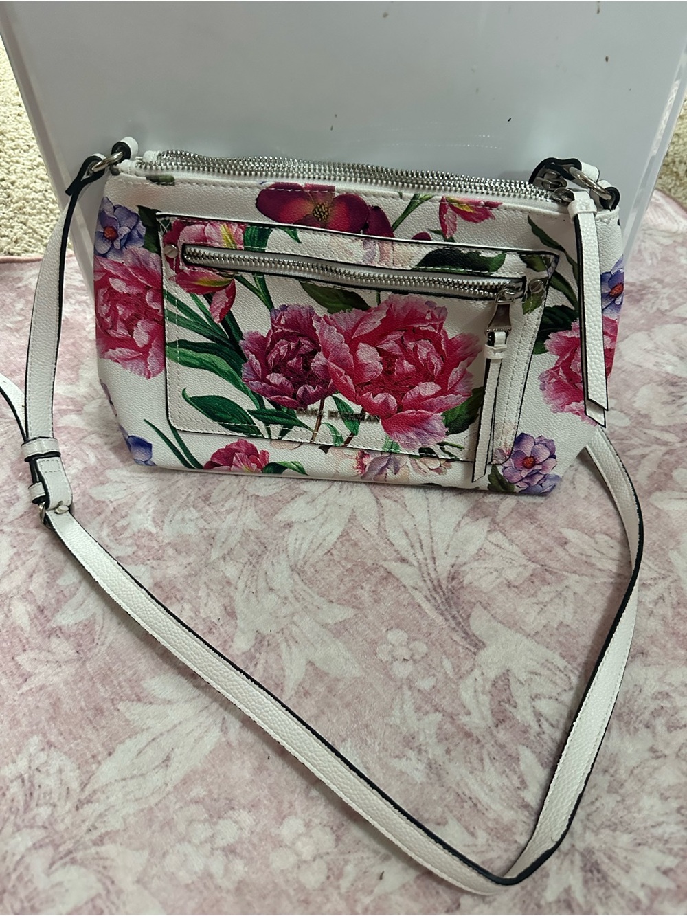 Floral Printed Crossbody Bag in White with Pink Bloom